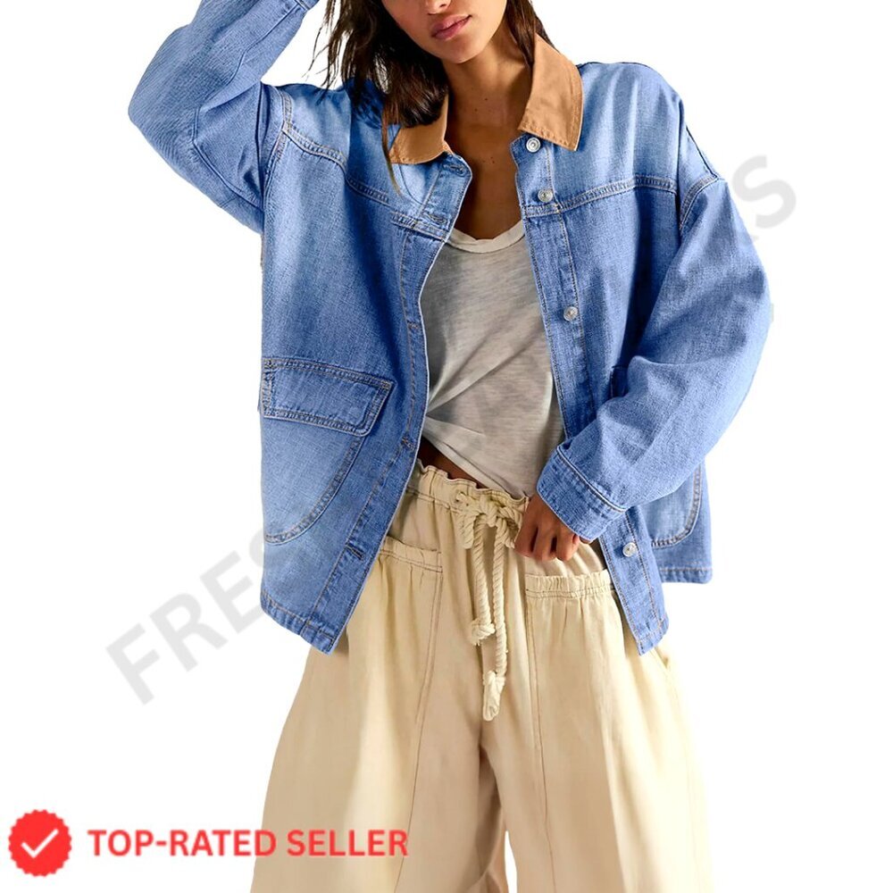 Oversized Denim Jacket Color Block Boyfriend Fit Long Sleeve Button Down Shacket